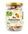 Glas mit Kumaio Bio-Kokoschips im Mango-Geschmack, mit Bio-Zertifikat.