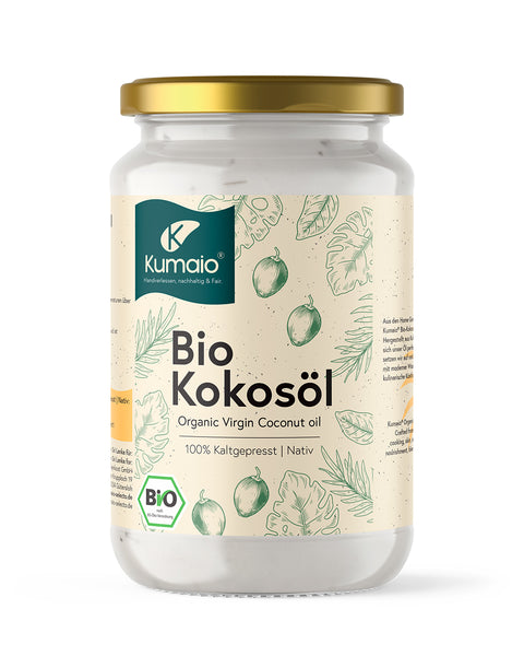 Kumaio Bio-Kokosöl im Glas, 100% kaltgepresst und nativ, mit Bio-Zertifikat und natürlichen Inhaltsstoffen.