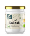 Glas mit Bio-Kokosöl von Kumaio, 100% kaltgepresst und nativ, mit grüner Bio-Zertifizierung auf dem Etikett.