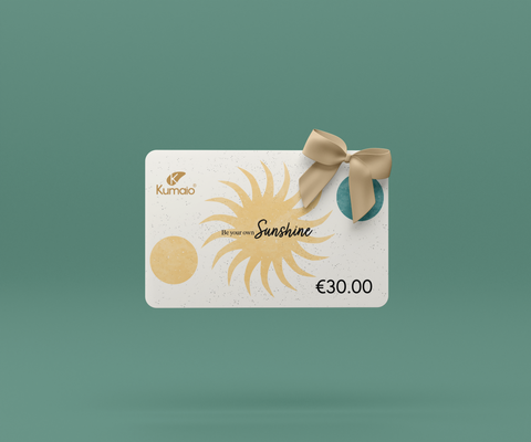 Digitale Gutscheinkarte von Kumaio mit Sonnendesign, der Aufschrift „Be your own Sunshine“ und einem Wert von 30 Euro.